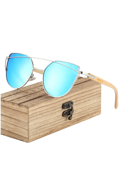 Women Cat Eye Metal Frame Wood Sunglasses