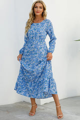 Women's O-neck Long Sleeve Floral Dress