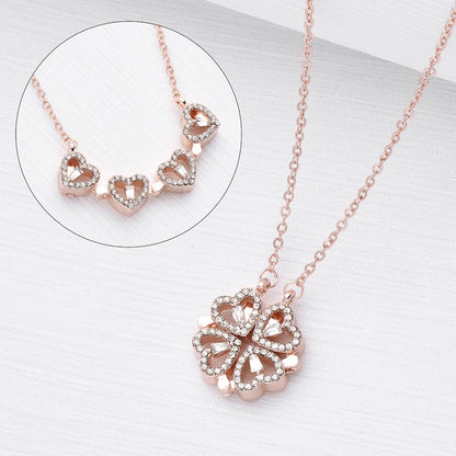Retro Magnetic Folding Heart Shaped Four Leaf Clover Pendant Necklace Women Love Clavicle Chain Gifts Openable Choker Jewelry