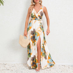 Elegant Floral Print Slit Long Maxi Dress