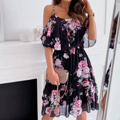 Flower Printed Ruffled Suspender Dress