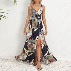 Elegant Floral Print Slit Long Maxi Dress