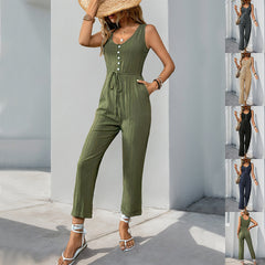 Women's  Sleeveless Jumpsuit With Belt And Pockets