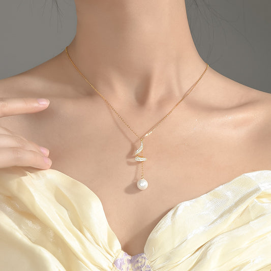 925 Sterling Silver Geometric Niche Design Imitation Pearl Tassel Necklace For Women