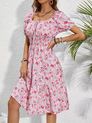 Pink Floral Square Neck Midi Dress