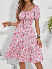 Pink Floral Square Neck Midi Dress