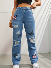 Butterfly Print Ripped Jeans