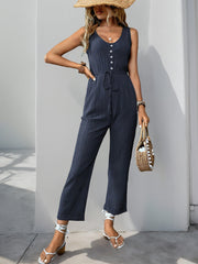 Women's  Sleeveless Jumpsuit With Belt And Pockets
