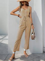 Women's  Sleeveless Jumpsuit With Belt And Pockets