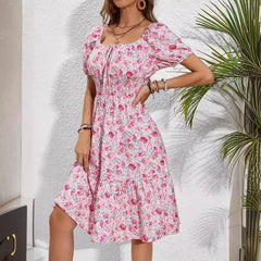 Pink Floral Square Neck Midi Dress