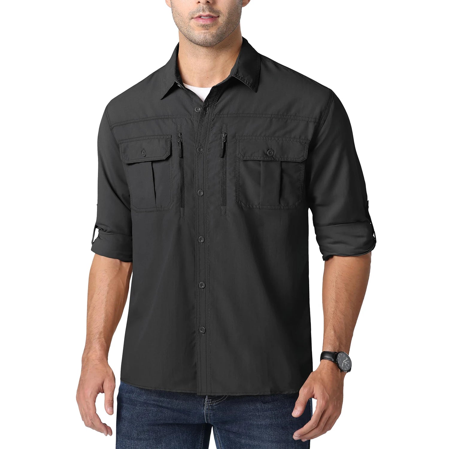 Man wearing a black long-sleeve shirt on a white background