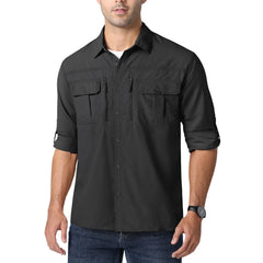 Man wearing a black long-sleeve shirt on a white background