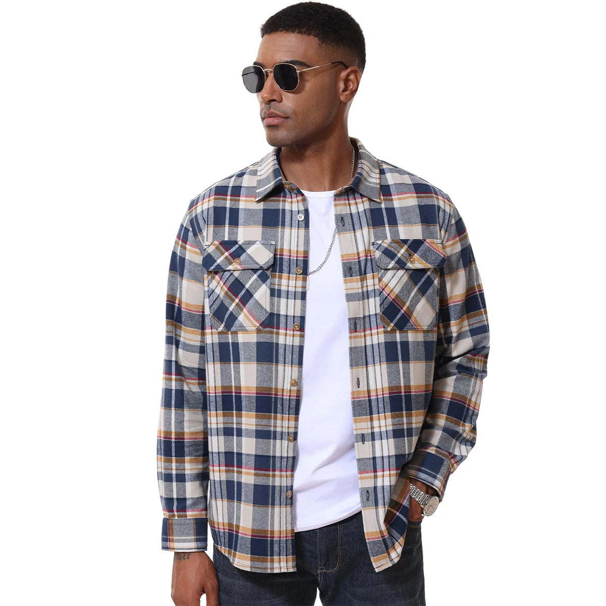 Man wearing a plaid shirt with sunglasses on a white background,