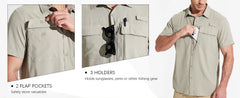 Beige shirt with pockets and holders for sunglasses or pens, worn by a person.