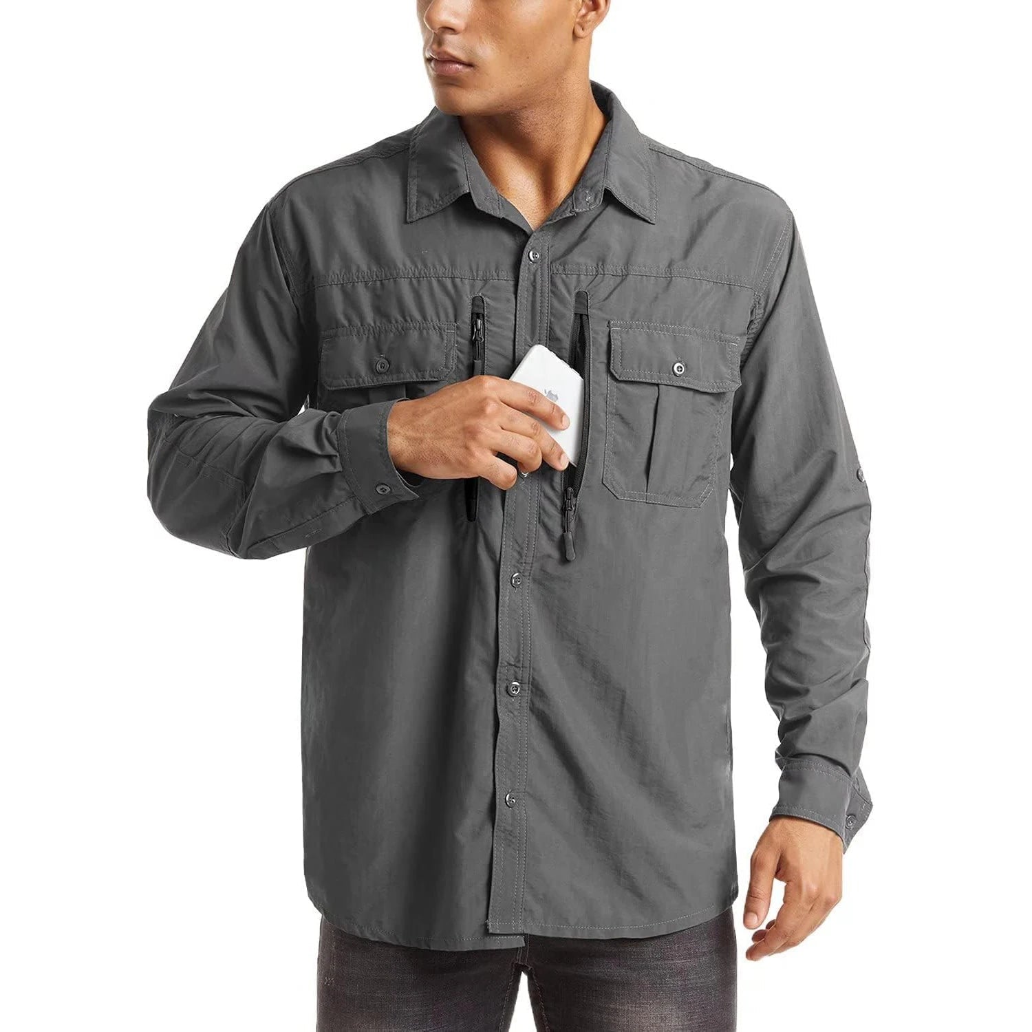 Man wearing a long sleeve gray shirt on a white background