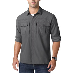 Man wearing a gray button-up shirt with rolled-up sleeves on a white background, 