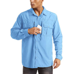 Man wearing a light blue button-up shirt on a white background