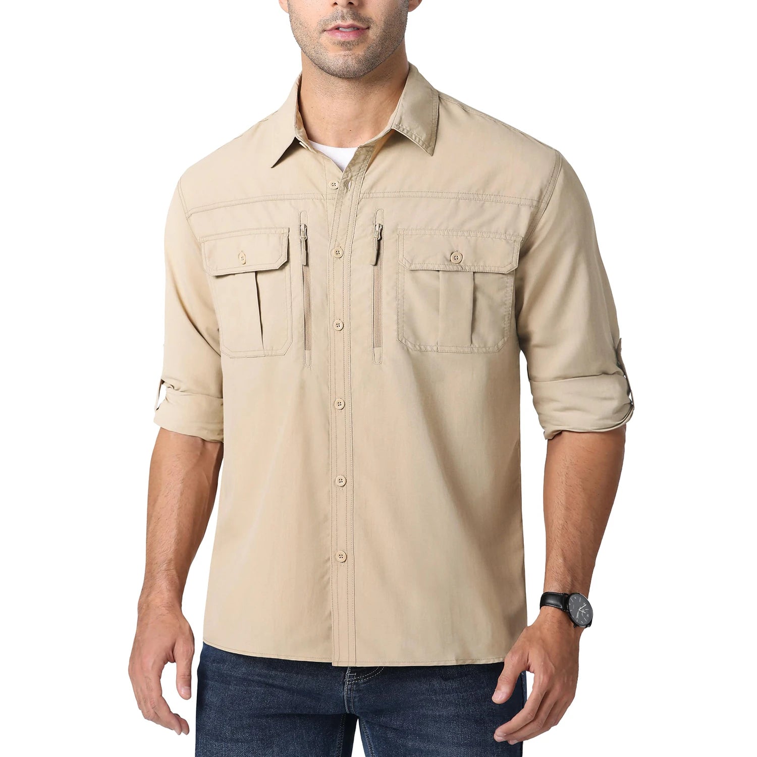 Man wearing a beige button-up shirt with rolled-up sleeves on a white background