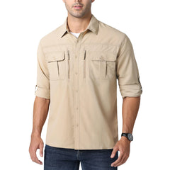 Man wearing a beige button-up shirt with rolled-up sleeves on a white background