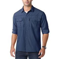 Man wearing a navy blue button-up shirt with rolled-up sleeves on a white background