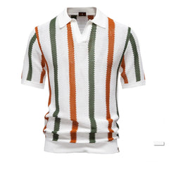 Short-sleeve knit shirt with vertical stripes in white, green, and orange on a white background.