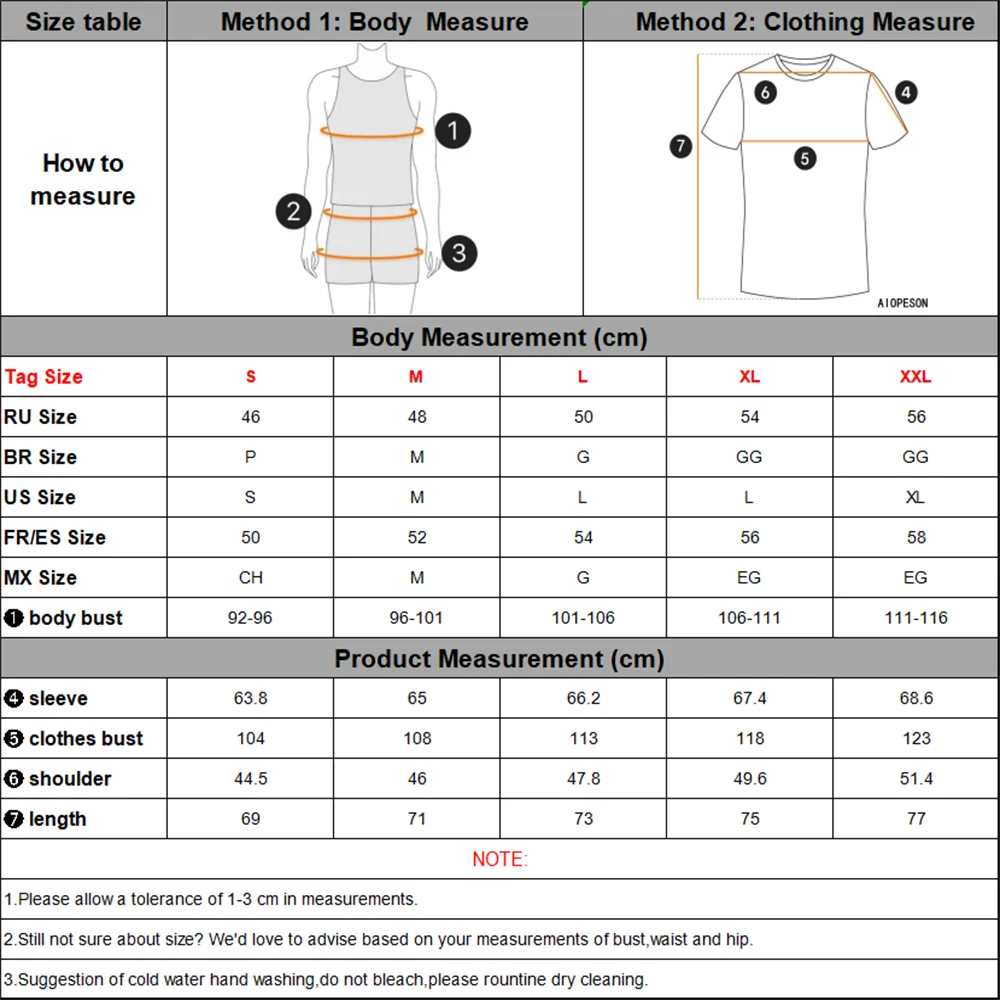Size chart for clothing measurements with text and graphics