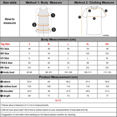 Size chart for clothing measurements with text and graphics