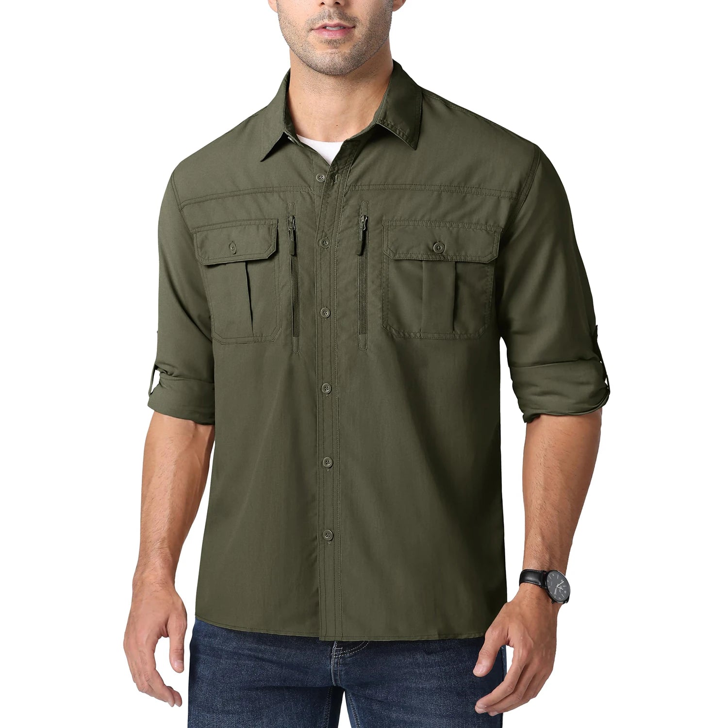 Man wearing an olive green shirt with rolled-up sleeves on a white background