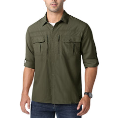Man wearing an olive green shirt with rolled-up sleeves on a white background