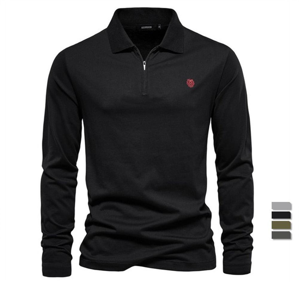 A black long sleeve men's cotton polo t-shirt with a collar and zipper detail.