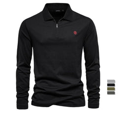 A black long sleeve men's cotton polo t-shirt with a collar and zipper detail.